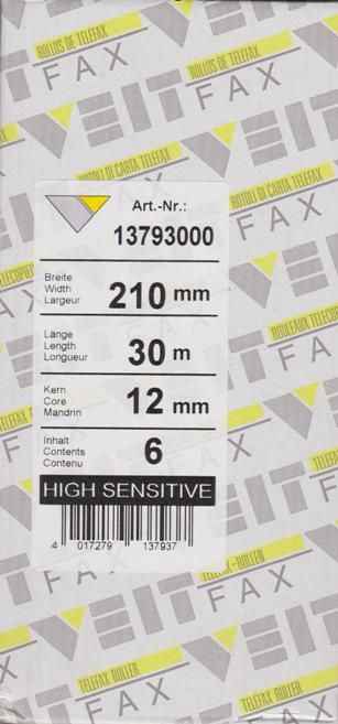 Thermopapier-Faxrollen weiss - 210mm x 12mm x 30mtr (6er Pack)