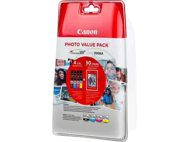 ORIGINAL Canon CLI-551XL / 6443B006 - 4er Multipack inkl. 50 BL. Fotopapier